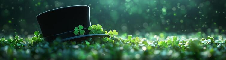 Green clover field with a black top hat hidden among the plants during a misty morning photo
