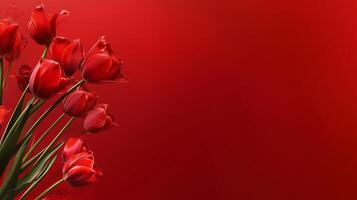Red tulips arranged against a vibrant red background creating a bold floral display photo
