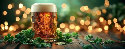 Festive beer on a wooden table with clovers and warm bokeh lights in a cozy atmosphere photo