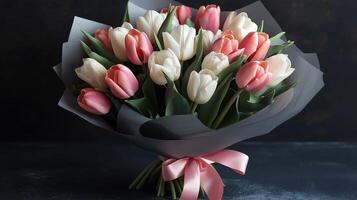 Beautiful tulip bouquet wrapped elegantly for spring celebrations and special occasions photo