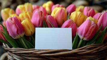 Colorful tulips in a basket with a blank card for messages during spring photo