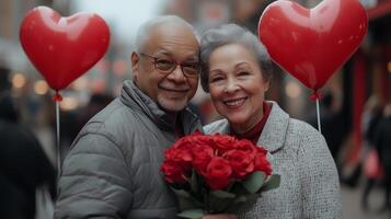 Couple celebrates love with red roses and heart balloons in a joyful outdoor setting photo