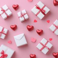 Festive display of white gift boxes and red hearts on pastel pink background photo