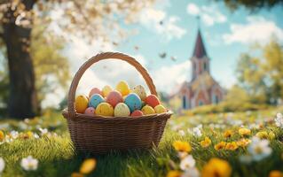 Colorful Easter eggs in a basket on green grass near a church under a bright blue sky photo