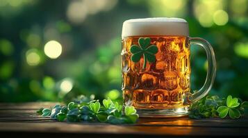 Refreshing beer served in a glass with clover decoration placed on a wooden table in a lush garden photo