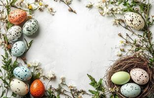 Colorful Easter eggs arranged with flowers and greenery for a festive spring celebration photo