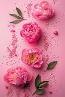 Beautiful pink peonies arranged on a soft pink background with decorative sprinkles and leaves photo