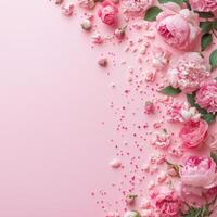 Colorful arrangement of pink flowers on a soft background with decorative elements scattered around photo