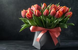 Vibrant tulip bouquet in a modern vase with a soft ribbon on a dark background photo