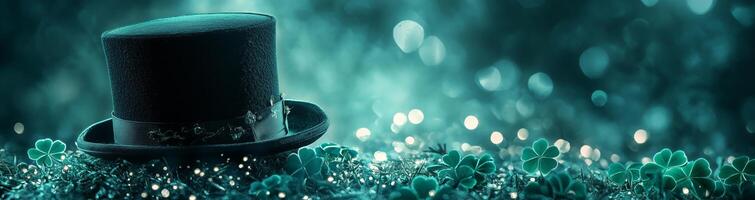 Green clovers and a black top hat create a magical atmosphere under soft glowing lights photo