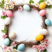 Colorful Easter eggs arranged with flowers in a decorative nest on a bright background photo