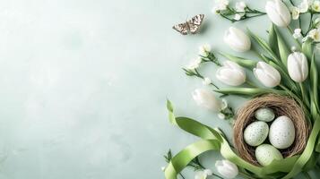 Decorated Easter eggs in a nest with white tulips and a butterfly on a light background photo
