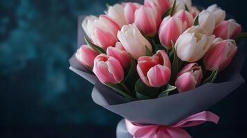 Beautiful bouquet of pink and white tulips wrapped elegantly for a special occasion photo