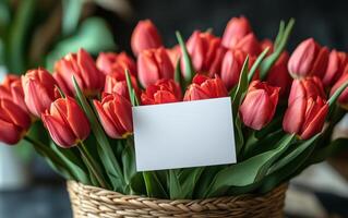 Bright red tulips in a woven basket with a blank card for messages in a cozy indoor setting photo