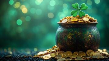 Lucky pot of gold with clover against a shimmering green backdrop photo