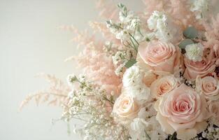 Beautiful arrangement of pastel roses and delicate flowers in soft colors for special occasions photo