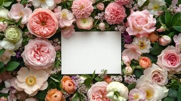 Floral arrangement featuring various pink and white flowers with blank space for text photo