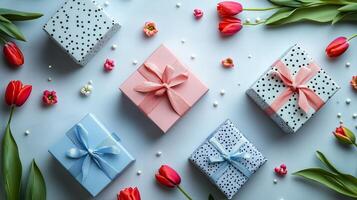 Colorful gift boxes surrounded by flowers create a festive ambiance for a celebration photo