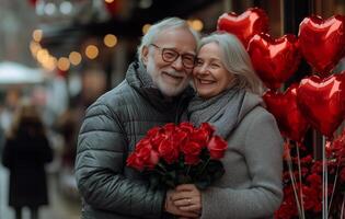 Couple celebrating love with roses and heart balloons in a cozy outdoor setting during winter photo