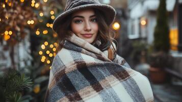 Cozy woman wrapped in a blanket enjoying a festive atmosphere during winter evening stroll photo
