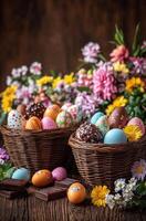 Colorful Easter eggs in wicker baskets surrounded by fresh flowers photo