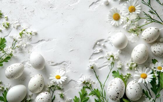 Decorative white eggs and wildflowers arranged on a light surface for spring celebration photo