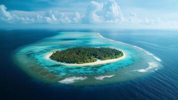 Beautiful tropical island surrounded by turquoise waters and white sand beaches in the open ocean photo