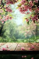 Blossoming cherry tree branches frame a serene wooden table in a tranquil forest setting photo