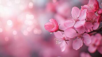 Cherry blossoms in bloom during spring season with soft pink petals and a sparkling background photo