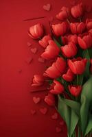 vibrante rojo tulipanes con corazón decoraciones para un romántico ocasión foto