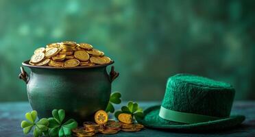 Festive pot of gold and green hat surrounded by clovers during Saint Patrick's Day celebration photo
