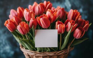 Colorful bouquet of pink and orange tulips with a blank card for personalized messages photo