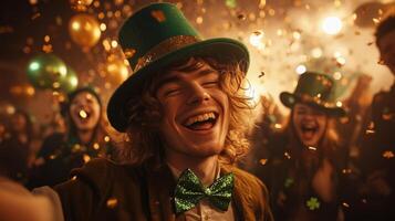 Celebration at a lively party with festive costumes during St Patrick's Day festivities photo
