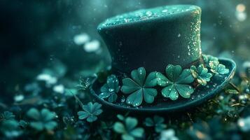 Green top hat adorned with clovers resting in a bed of dew-covered leaves at dawn photo