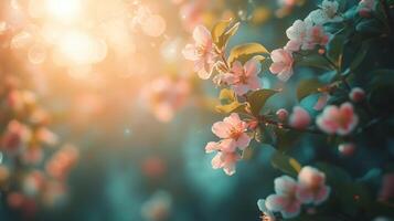 Blooming cherry blossoms in soft sunlight during spring season photo