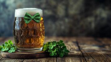 Celebrate St. Patrick's Day with a festive glass of green beer and clover decorations photo