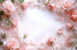 Delicate pink roses and soft blooms arranged artistically on a white background photo