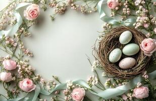 Spring celebration with pastel eggs and floral decorations for Easter photo