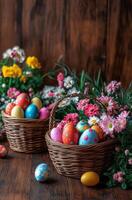 Colorful Easter eggs in woven baskets surrounded by vibrant spring flowers on wooden table photo