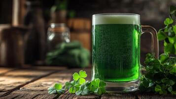 Bright green beverage served in glass with clovers on rustic wooden table in festive setting photo