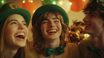 Friends celebrating at a festive gathering in a decorated room during a holiday event photo