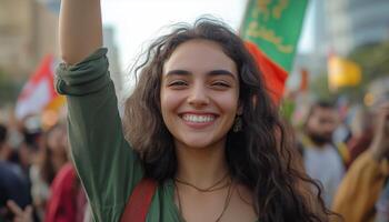 Joyful participant celebrates during a vibrant demonstration in a bustling city center photo