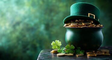 Celebrating St. Patrick's Day with a pot of gold and green hat photo