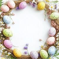 Colorful Easter eggs arranged with flowers in a circular design on a white background photo