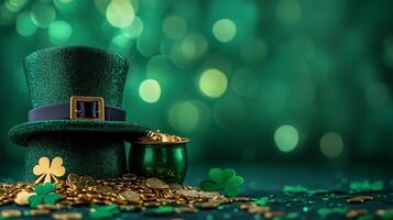 Festive St. Patrick's Day display with green hat, coins, and decorations celebrating Irish culture photo