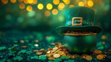 Glittering pot of gold with leprechaun hat surrounded by festive decorations for celebration photo
