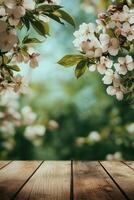 Blossoming flowers frame a rustic wooden table in a serene outdoor setting filled with nature photo