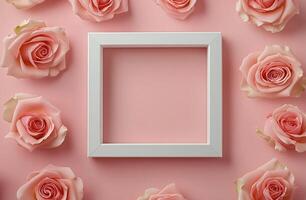 Delicate pink roses surrounding a blank white frame on a soft pastel background photo