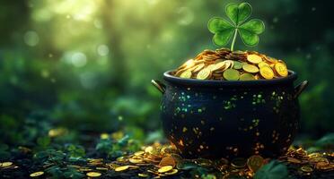 Pot of gold with lucky clover surrounded by shimmering coins in a mystical forest setting photo