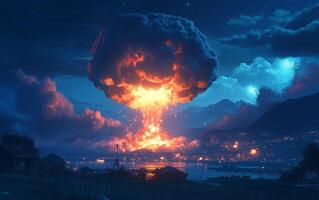 Explosion lights up a night sky over mountains and water bodies in a dramatic display of power photo